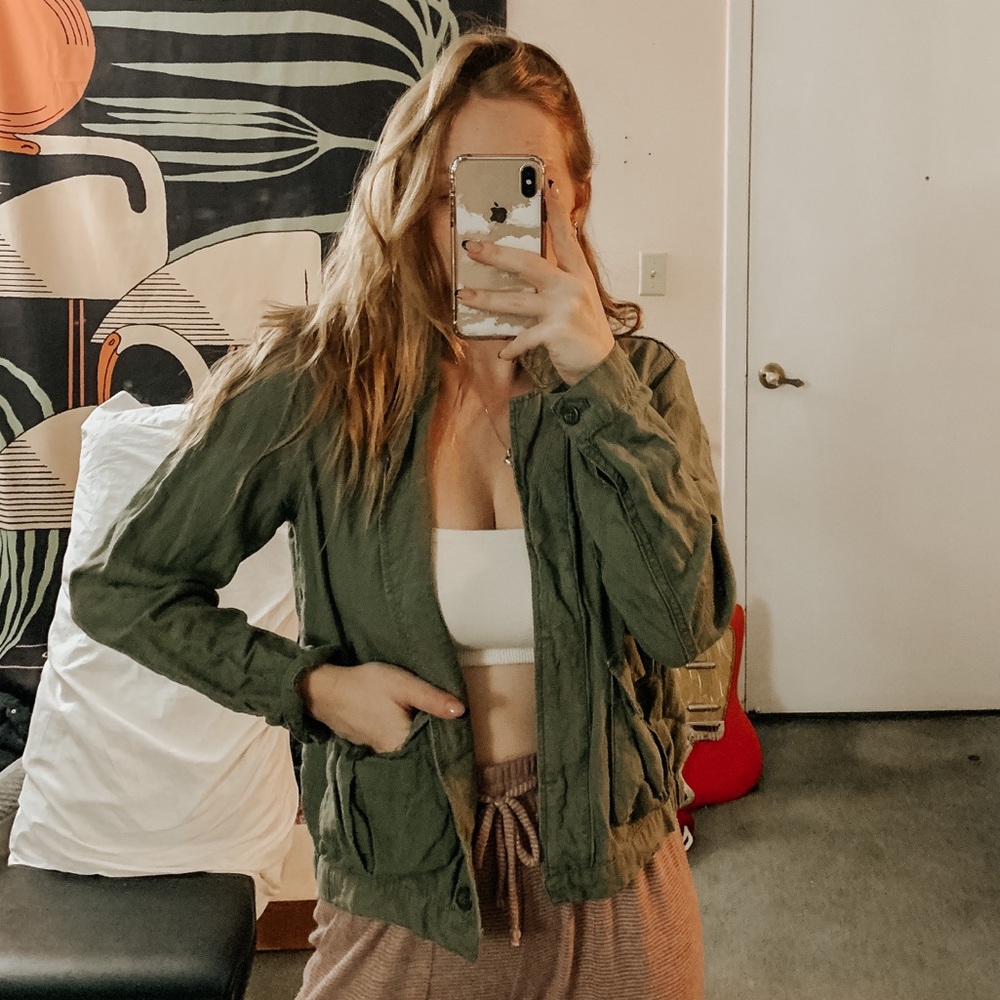 Madewell Olive green linen blend cargo jacket
